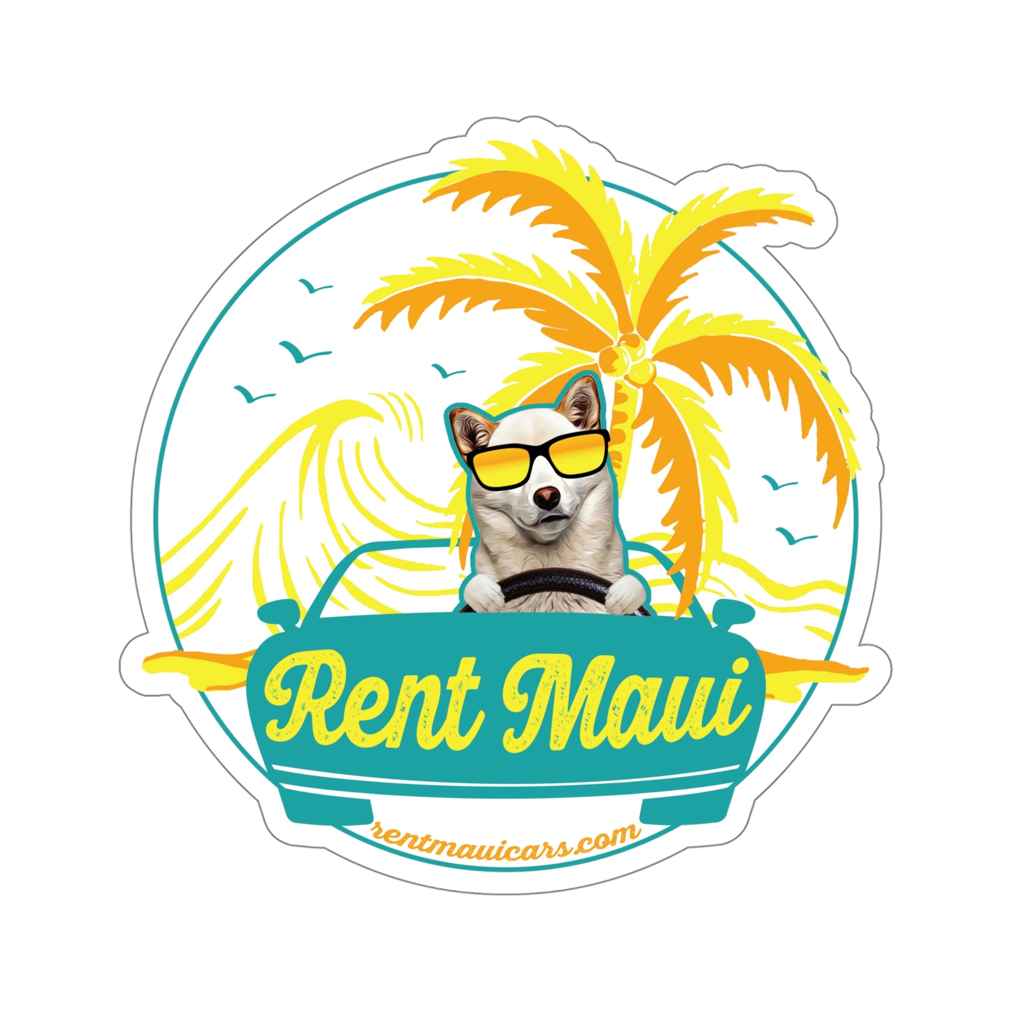 Rent Maui Ocean And Palm Tree Dog Kiss-Cut Sticker