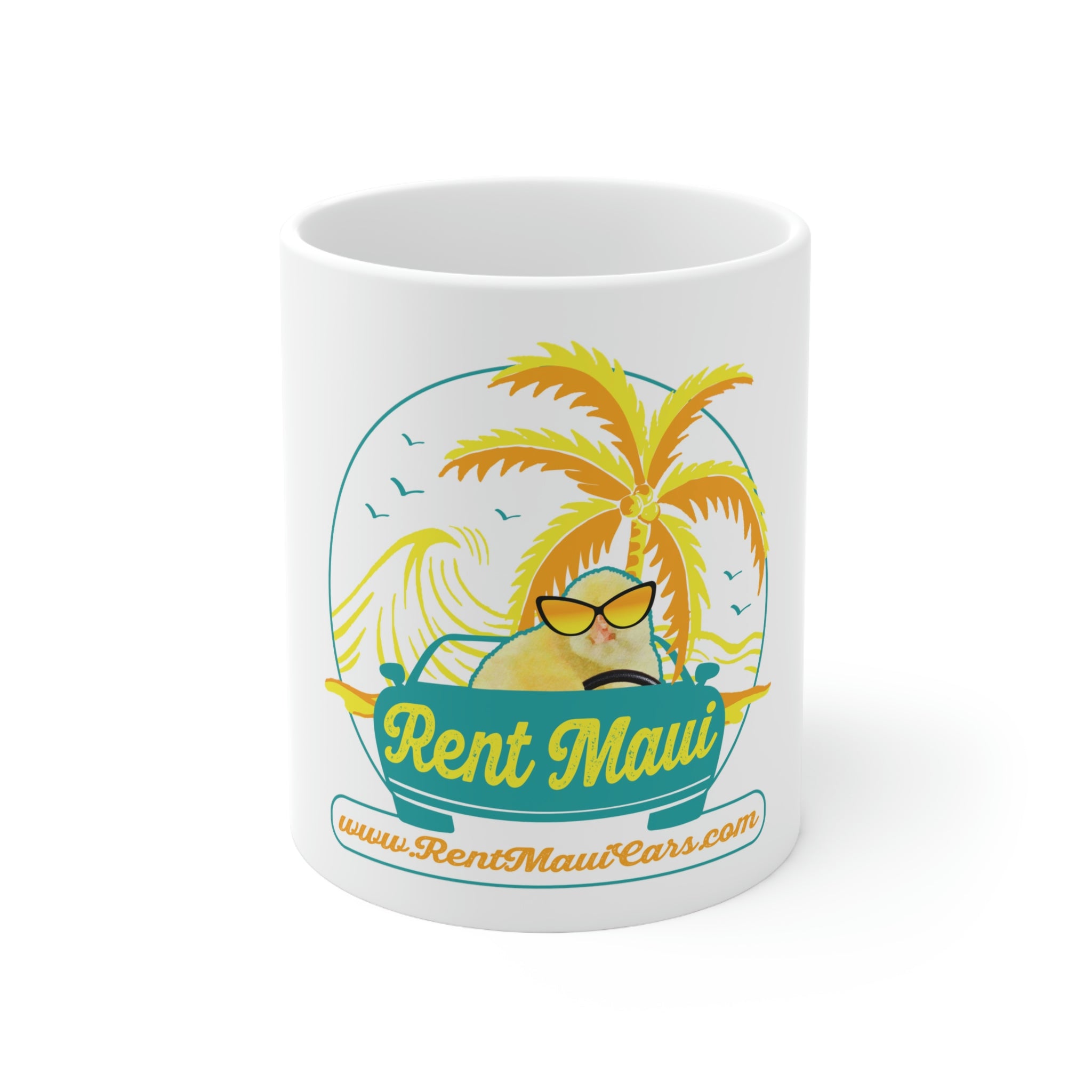 Rent Maui Ocean And Palm Tree Chick Ceramic Mug 11oz